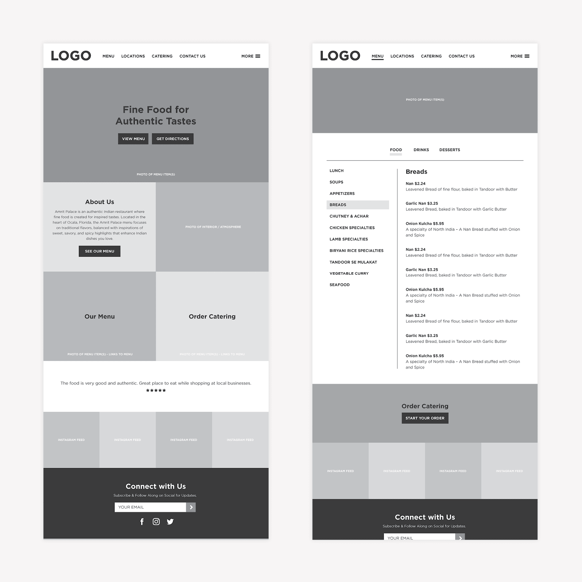 restaurant website wireframe design